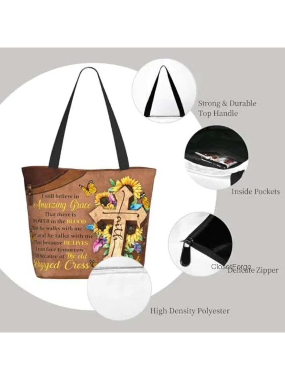 Christian Bible Tote Bag with Zipper Church Shoulder Bag Inspirational Gift